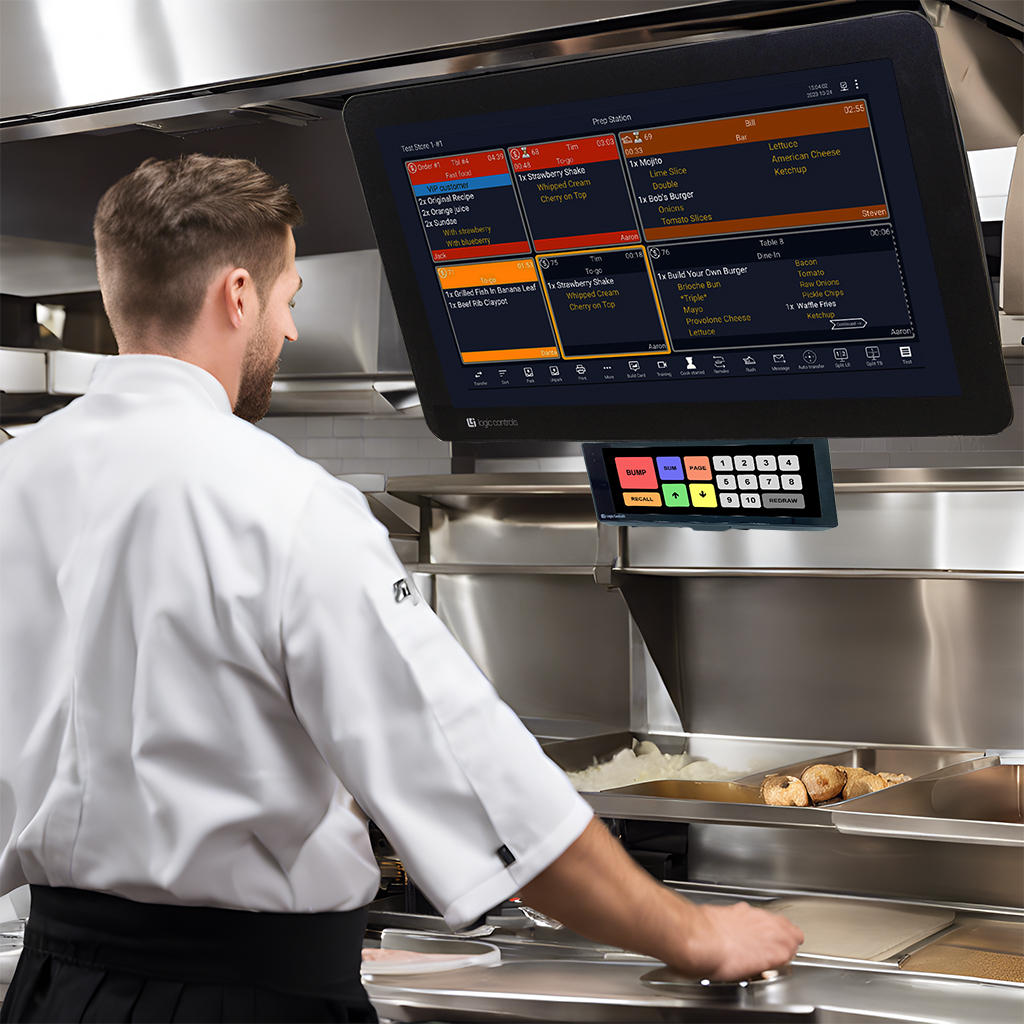 Chef using the Logic Controls KitchenGo Kitchen Display System featuring the KB900 fully- customizable bump bar.