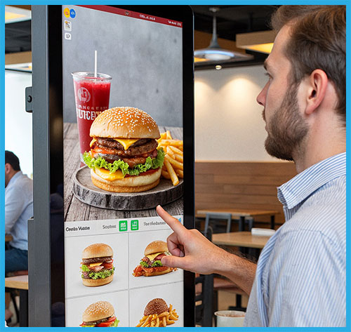 Person ordering at a Logic Controls self-service kiosk at a quick service restaurant.
