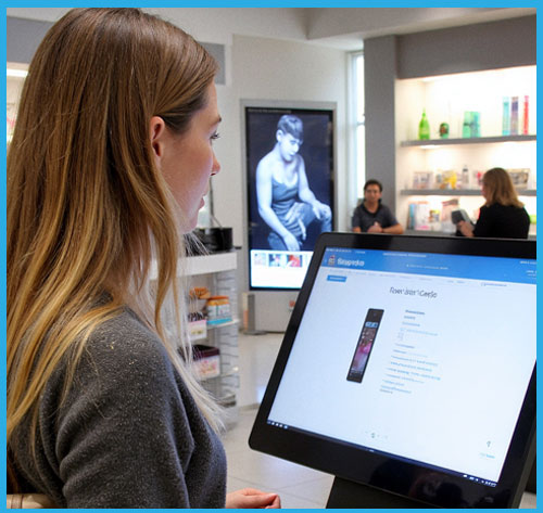 young women getting product information from a Logic Controls Kiosk in a health and beauty store