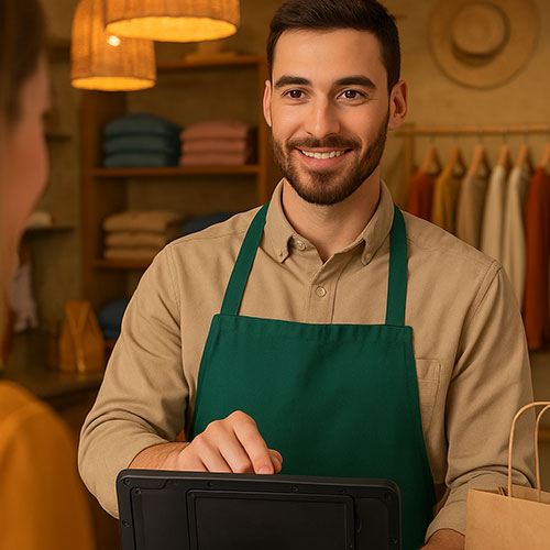 Man using a Logic Controls Pro Tablet 10 as a POS in a small retail store.