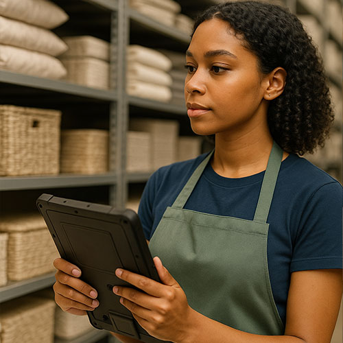Woman using a Logic Controls Pro Tablet 10 device to take inventory at a home decor retail store.