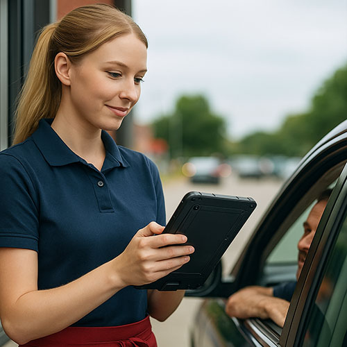 Woman using a Logic Controls Pro Tablet 10 to take drive thru orders.