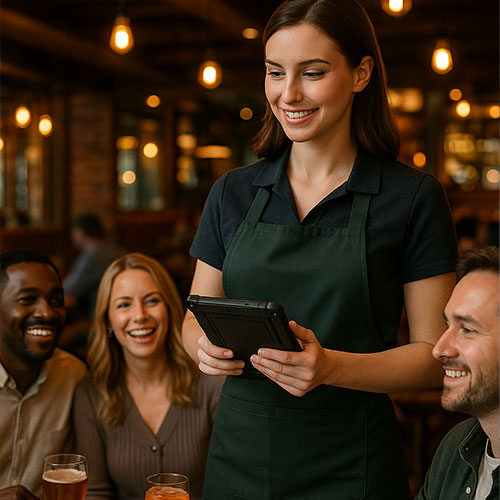Women using Logic Controls Pro Tablet 10 to take orders from a table of guests at a restaurant.