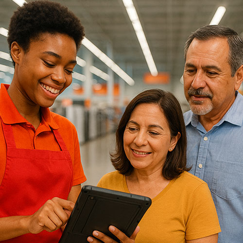 Sales associate using a Logic Controls Pro Tablet 10 to assist a couple on the floor of a big box store.