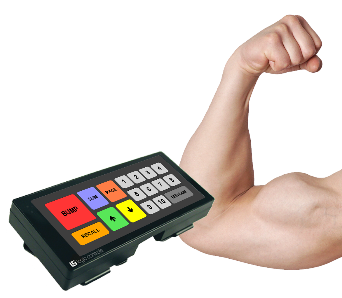 Strong, muscled arm with Logic Controls KB9000 Kitchen Display Bump Bar.