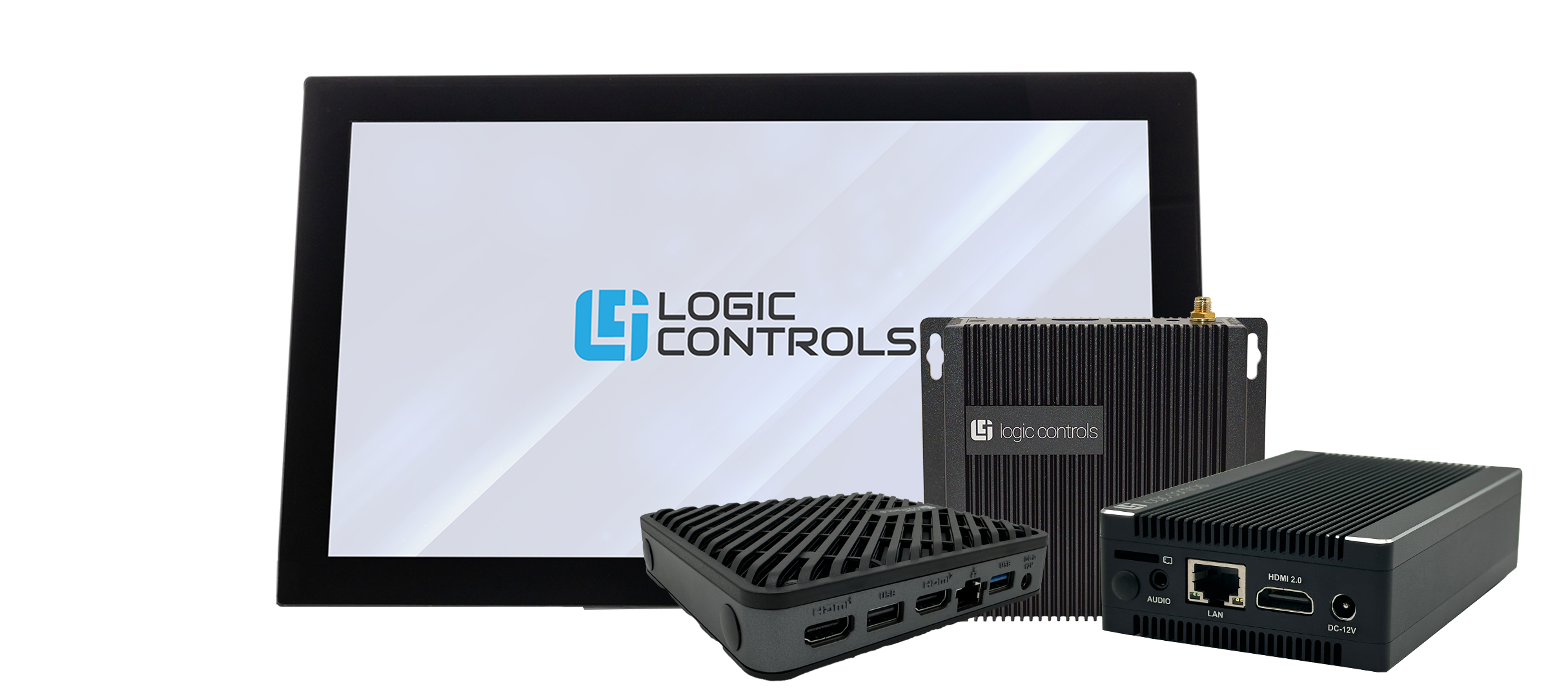 Logic Controls Elite 9550, LS9100, LS8900 Controllers pictured with the KP40 Kitchen Premium Series 22" Touchscreen Monitor.