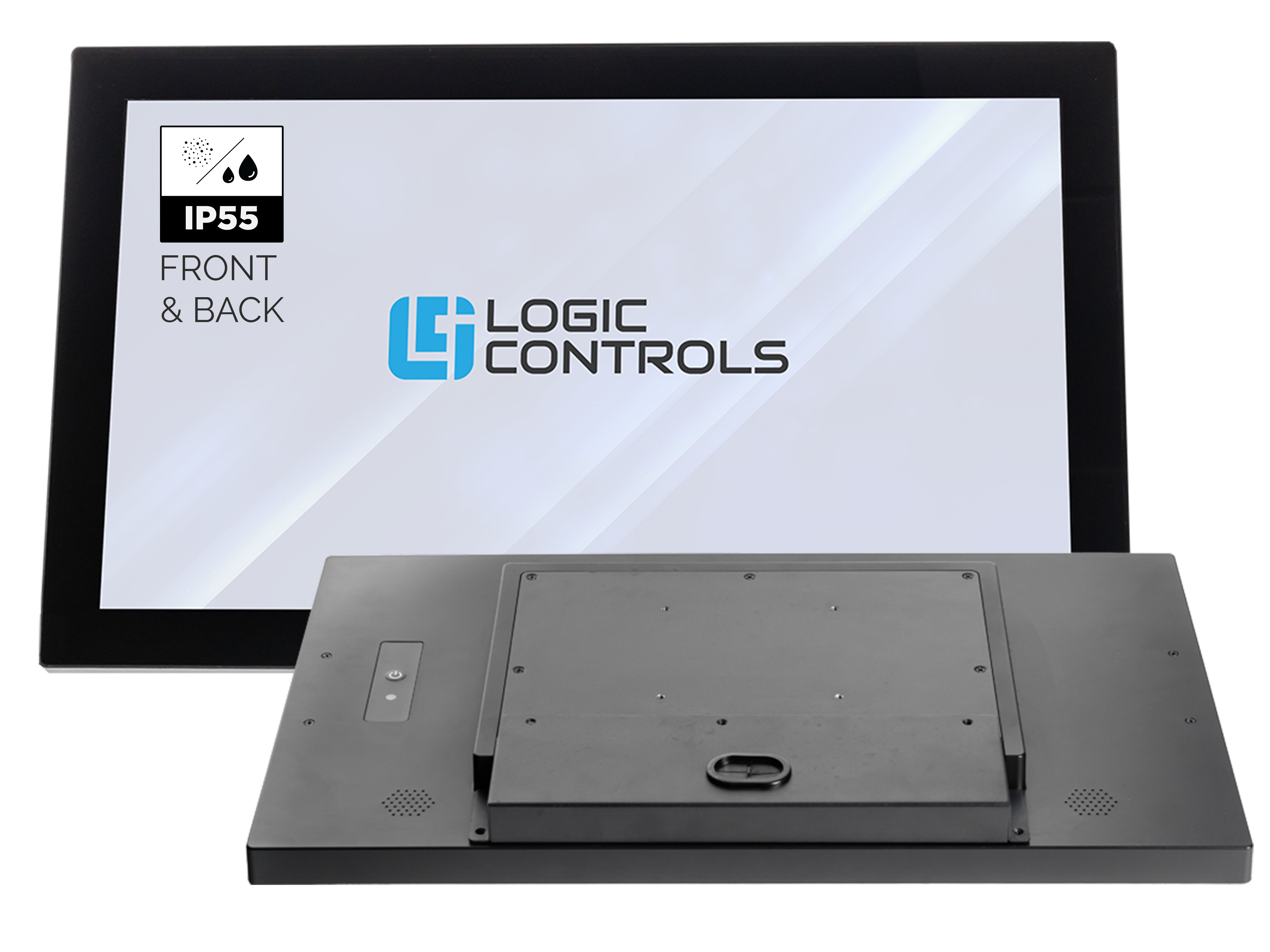 Logic Controls KP40 monitor showing both front and back, which is IP 55-rated for protection against water and dust.