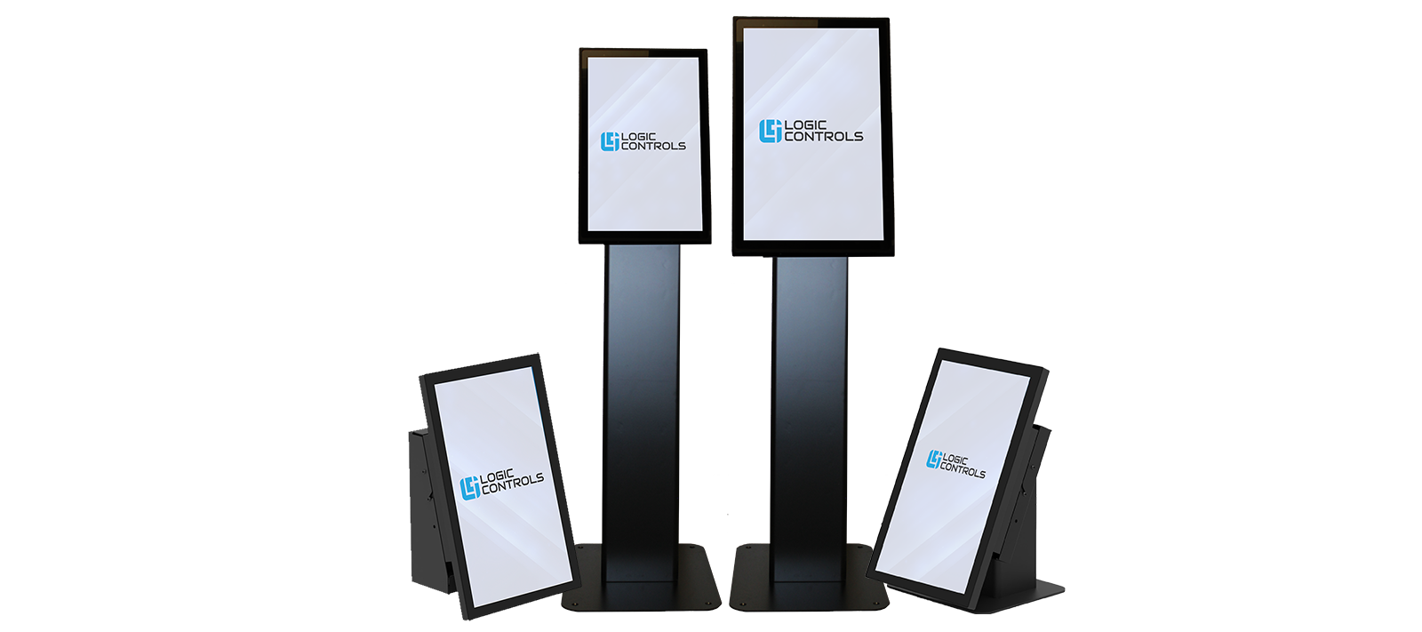 Logic Controls self-service kiosks showing the 21.5-inch and 27.5-inch models on floor, counter and wall mount stands.