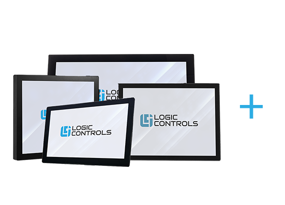 Logic Controls collection of touchscreen monitors with blue plus sign on right