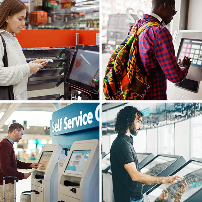 series of images showing customers at self-service kiosks.