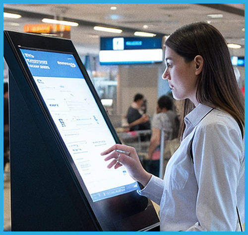 young woman buying a train ticket using a Logic Controls self service Kiosk.